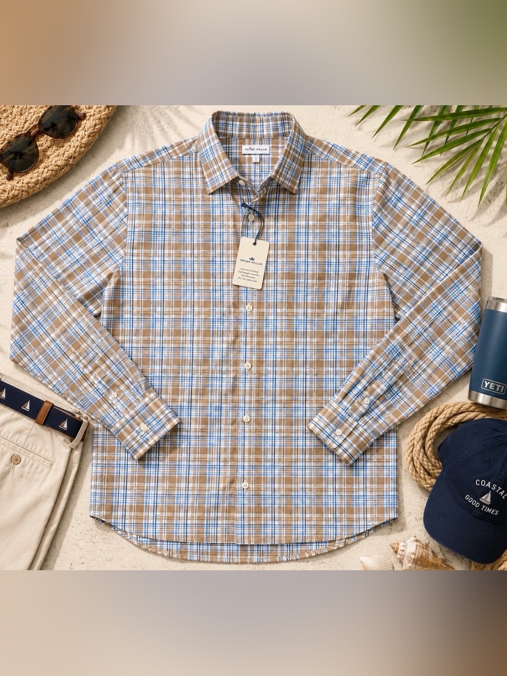 Peter Millar Summer Soft Plaid Shirt XXL – Brown & Blue Long Sleeve-NEW